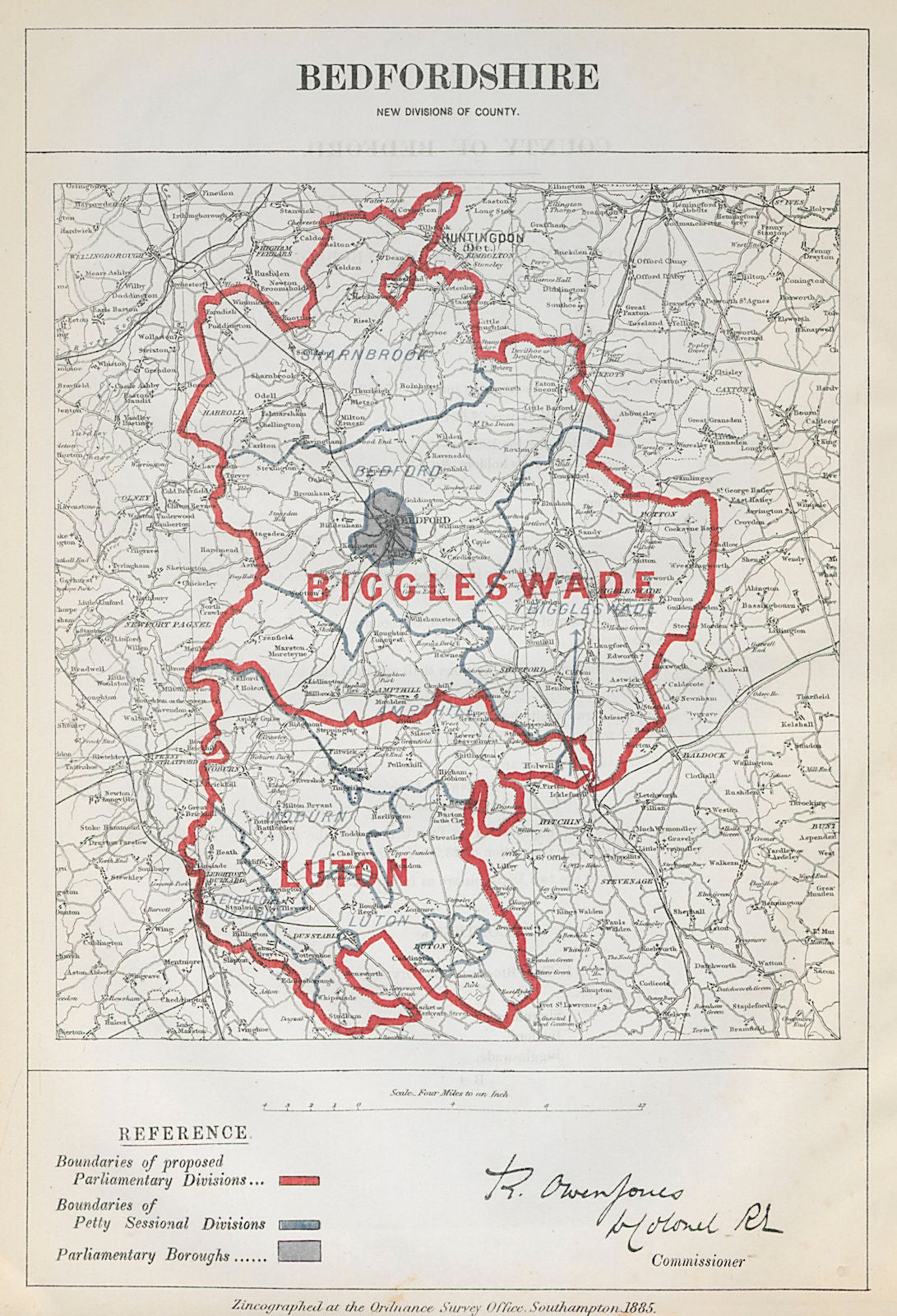 Bedfordshire Parliamentary Divisions. Luton. BOUNDARY COMMISSION 1885 old map